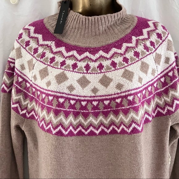 Tahari | Sweaters | Nwt Barbiecore Fair Isle Sweater Pink White Beige W Long Sleeves Sz L Tahari 